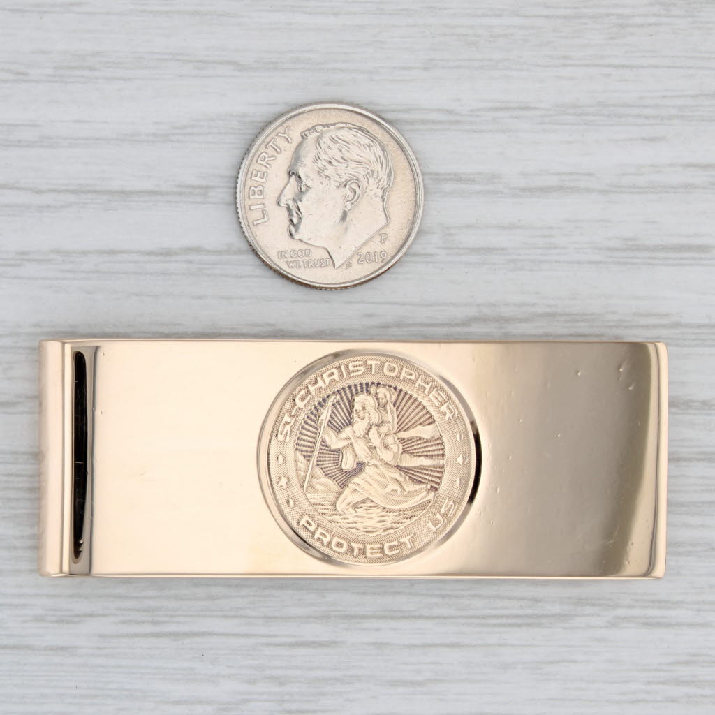 Light Gray St Christopher Protect Us Money Clip 14k Yellow Gold Catholic Saint