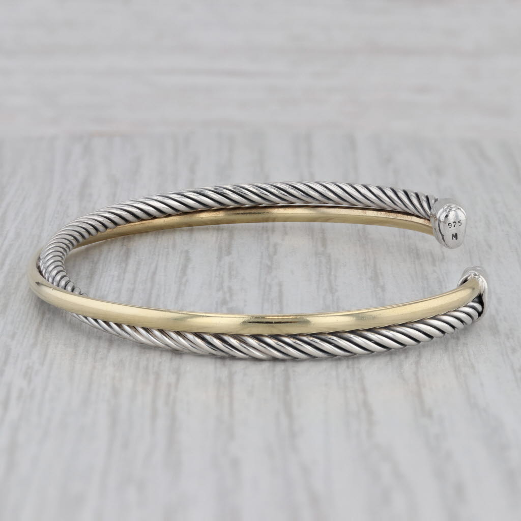 Gray David Yurman Cable Crossover Cuff Bracelet Sterling Silver 18k Yellow Gold 6.75"