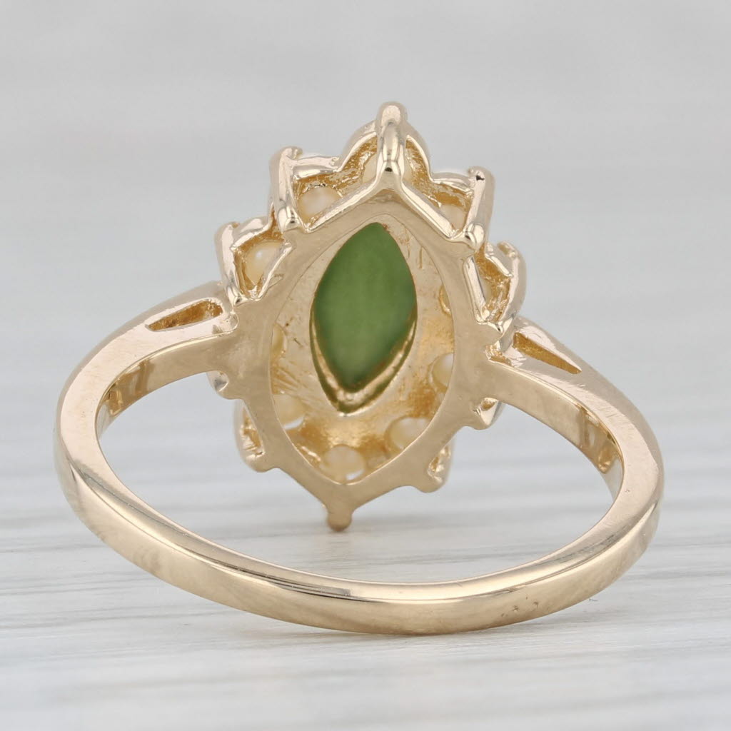 Gray Vintage Nephrite Jade Pearl Halo Ring 14k Yellow Gold Size 6.5