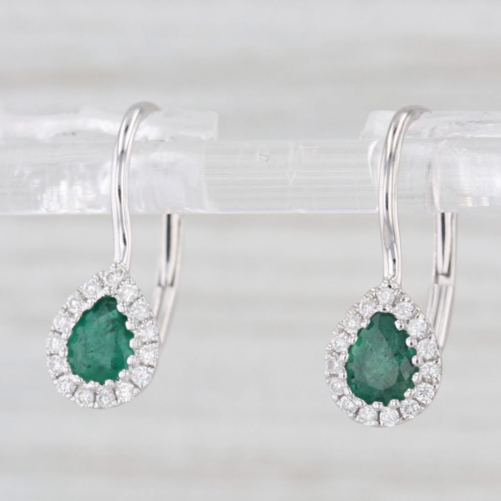 Light Gray New 0.88ctw Emerald Diamond Halo Teardrop Earrings 14k White Gold Lever Backs