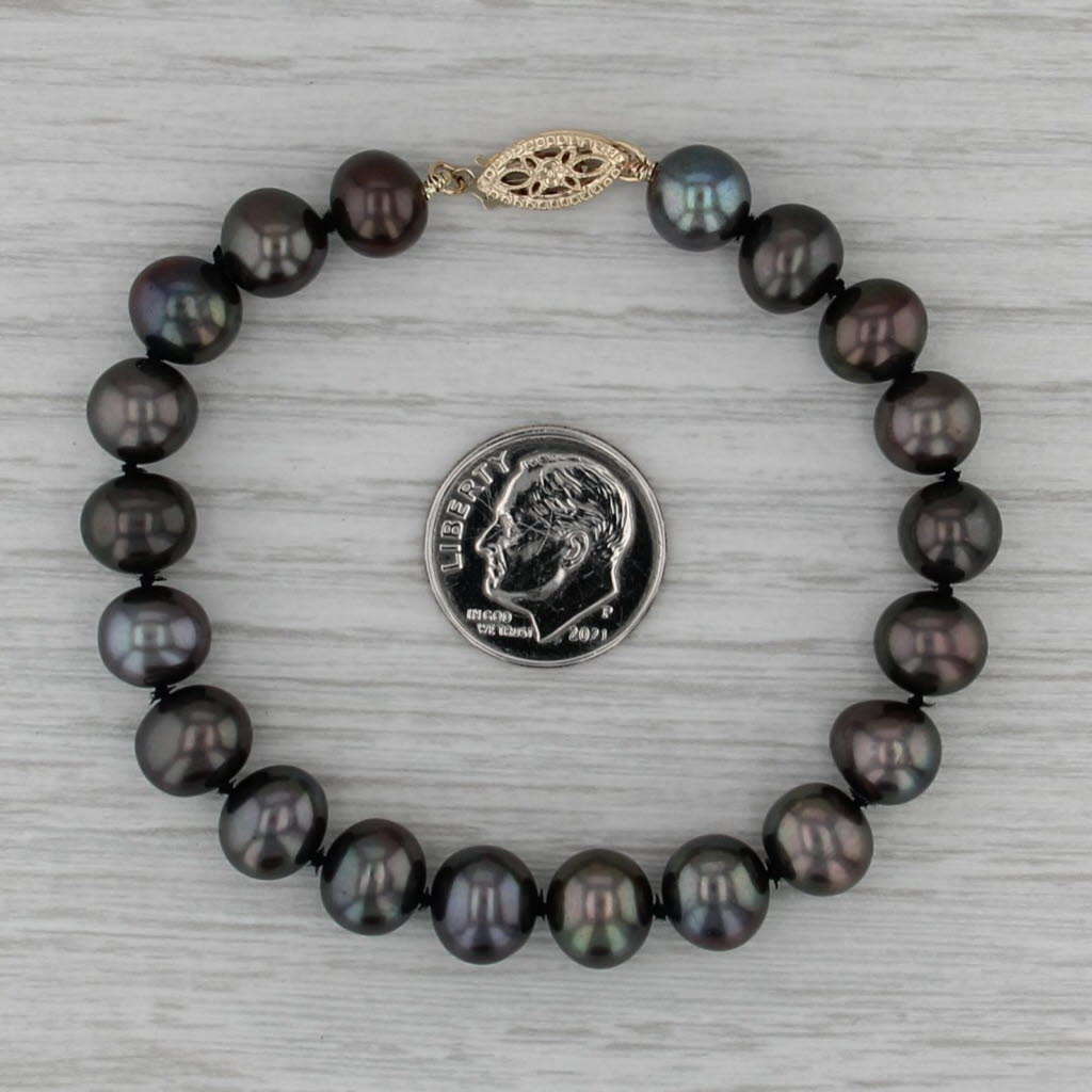 Black Cultured Pearl Strand Bracelet 14k Gold 7" 7.6-8.4mm
