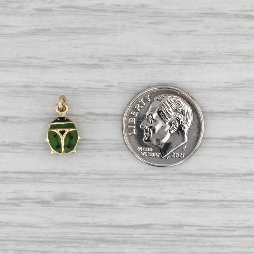 Green Ladybug Charm 14k Yellow Gold Resin Small Drop Pendant Good Luck