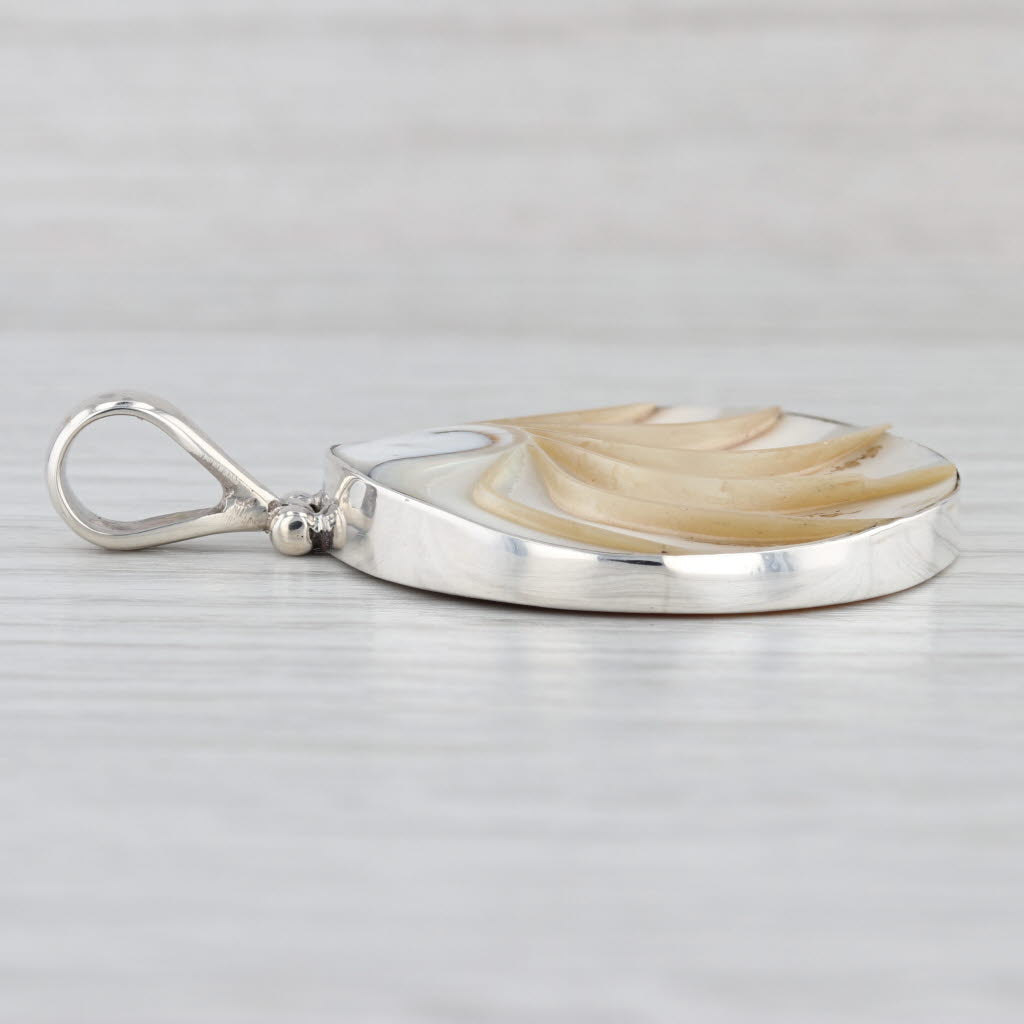 Carved Mother of Pearl & Shell Pendant Sterling Silver Medallion Statement