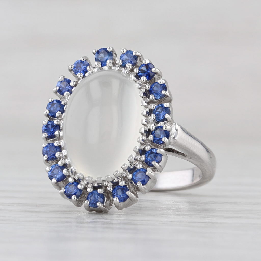 Blue Sapphire Cat's Eye Moonstone Ring 14k White Gold Size 6 Oval Cabochon