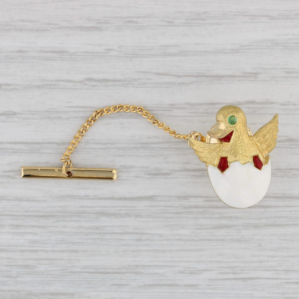 Gray Cartier Baby Bird in Egg Tie Tac Pin Emerald 18k Yellow Gold Enamel Designer