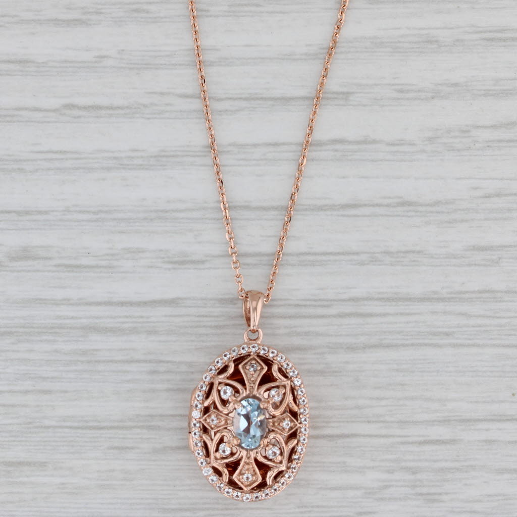 Gray 0.92ctw Aquamarine Lab Created Sapphire Diffuser Locket Necklace 10k Rose Gold