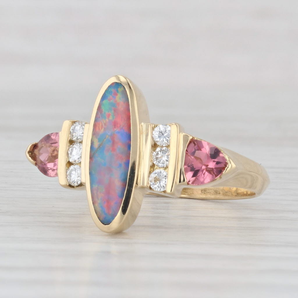 Light Gray Opal Diamond Pink Tourmaline Ring 18k Yellow Gold Size 6.25 AS IS