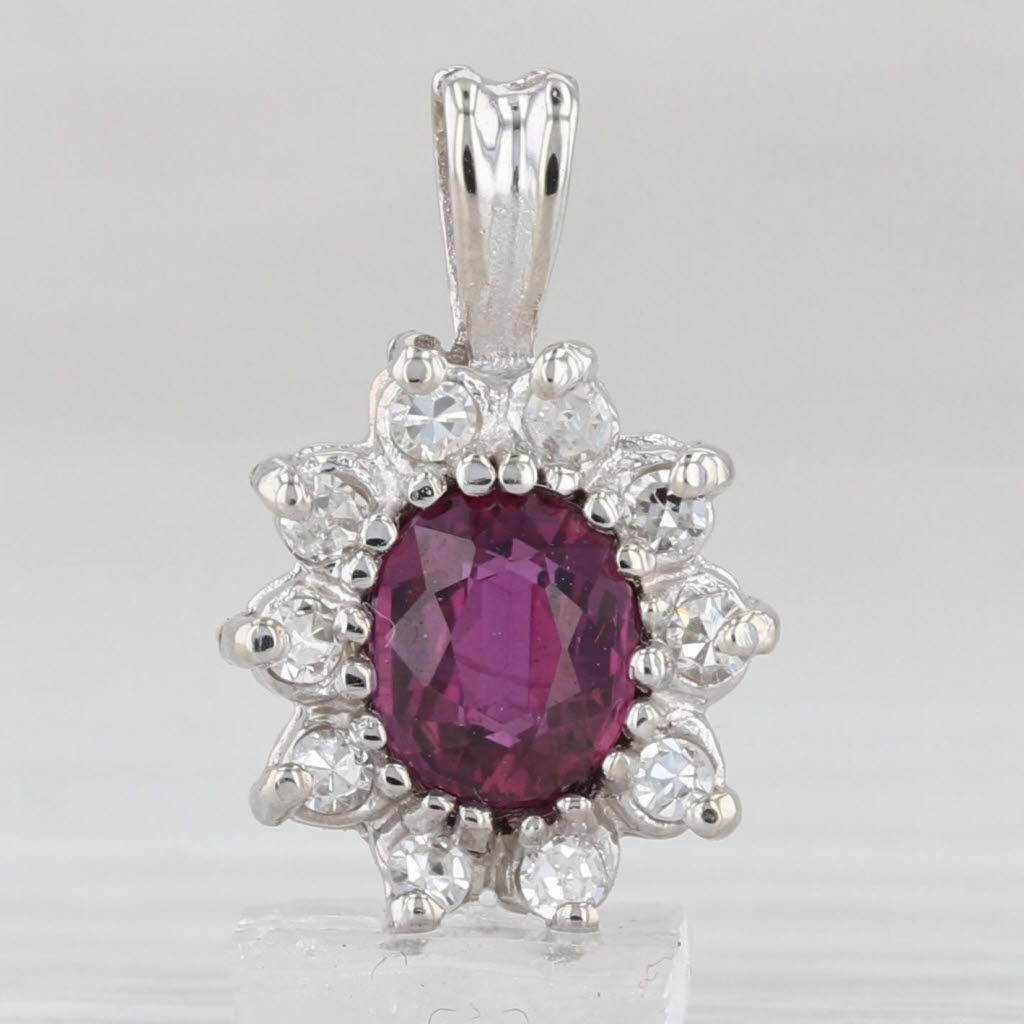 0.70ctw Oval Ruby Diamond Halo Pendant 14k White Gold Small Drop
