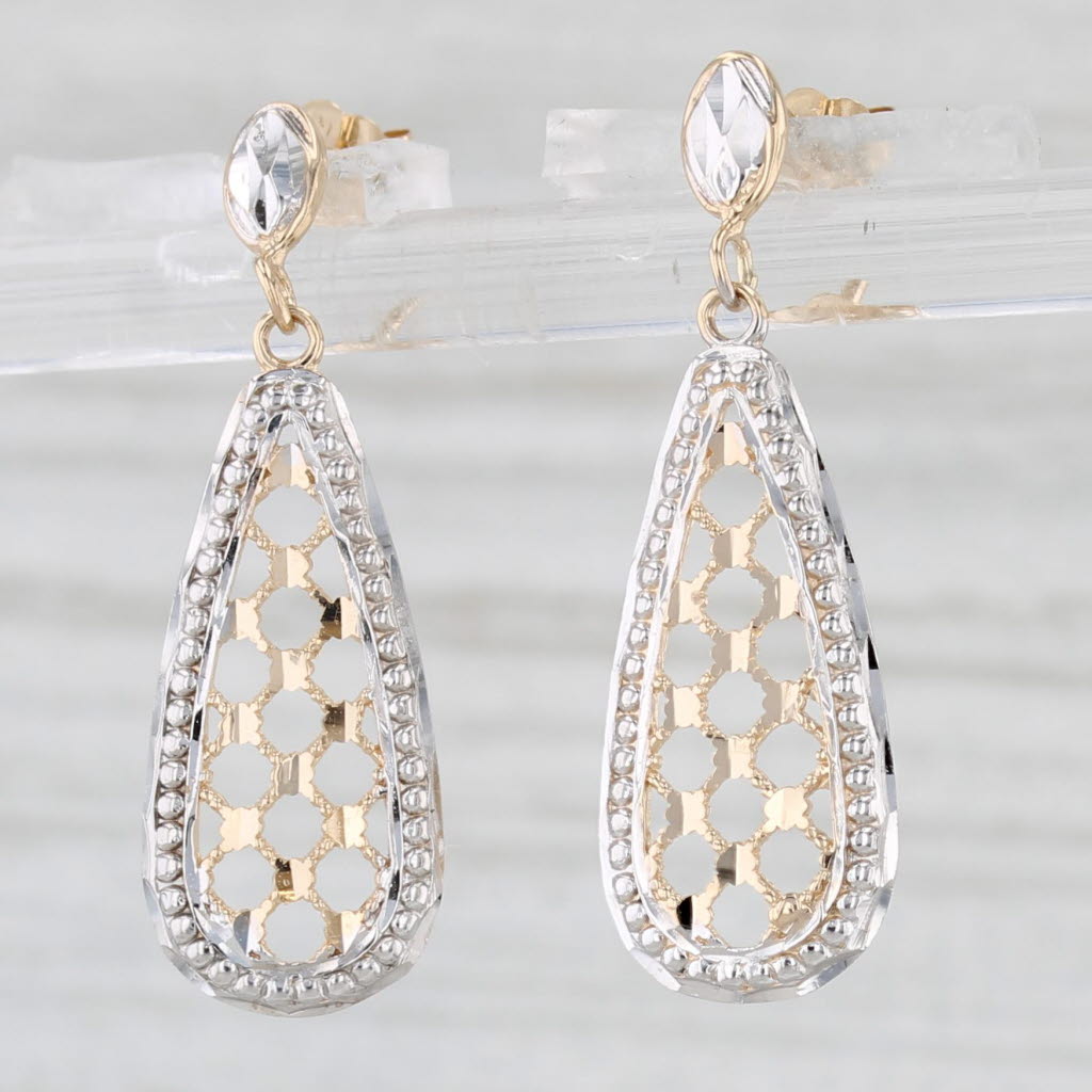 Light Gray Lattice Work Teardrop Earrings 14k White Yellow Gold Dangle Drops