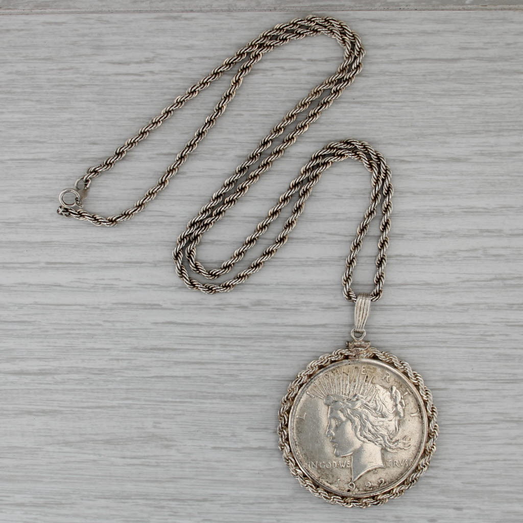 1922 Peace Dollar Pendant Necklace Sterling Silver 24" Rope Chain