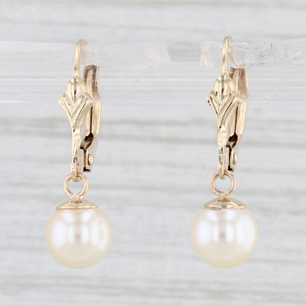 Light Gray Cultured Pearl Dangle Earrings 14k Yellow Gold Lever Back Drops