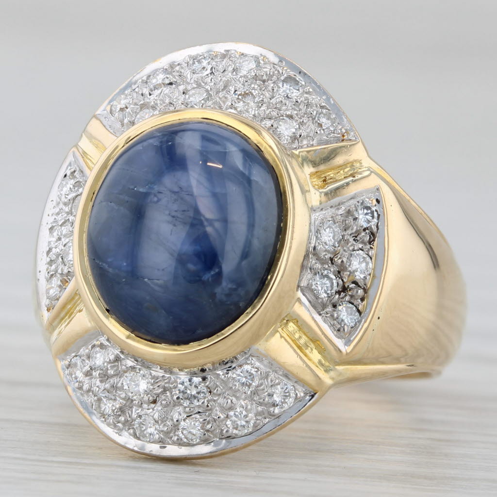 Gray Oval Cabochon Blue Sapphire Diamond Halo Ring 18k Yellow Gold Size 6.75-7