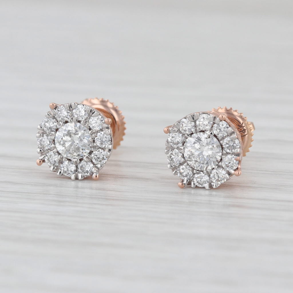 0.84ctw Round Diamond Halo Stud Earrings 14k Rose Gold Screw Back Studs