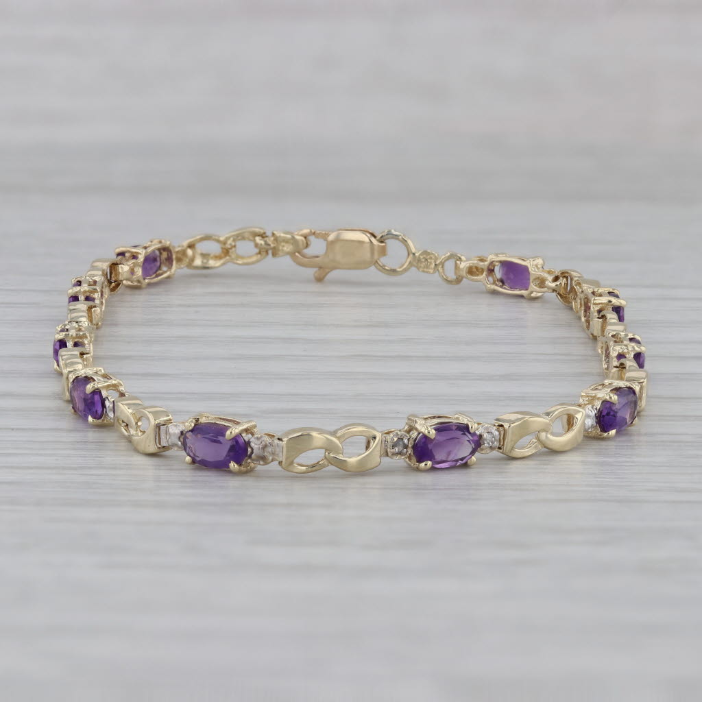 Gray 2ctw Amethyst Bracelet 10k Yellow Gold Diamond Accents 7" 3.5mm