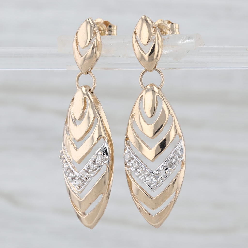 0.10ctw Diamond Chevron Leaf Dangle Earrings 14k Yellow Gold Pierced Drops