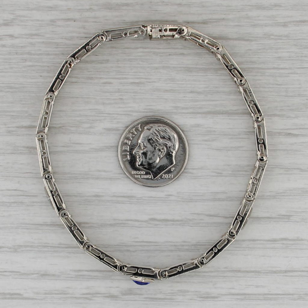 Vintage Diamond Filigree Bracelet 14k White Gold 7" 6.6mm Blue Glass