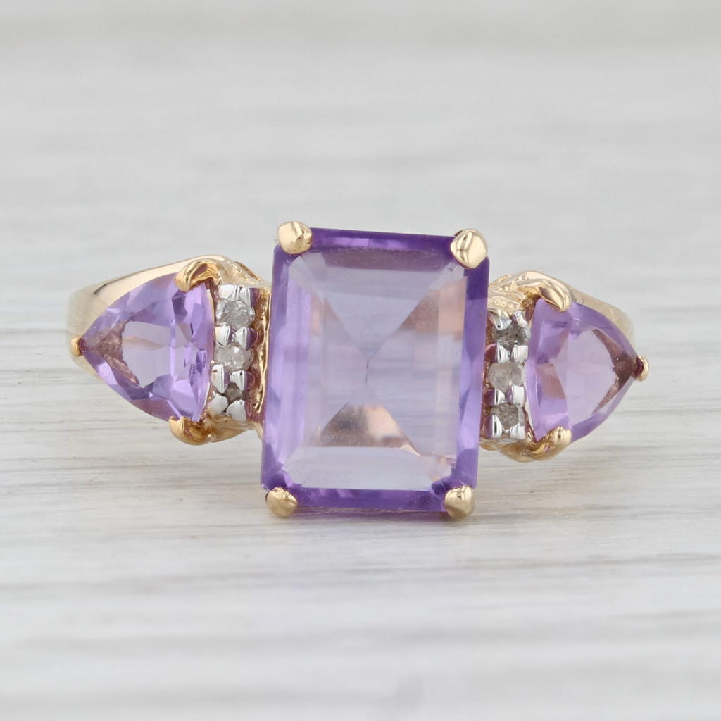 Light Gray 2.53ctw Amethyst 3-Stone Diamond Ring 10k Yellow Gold Size 7.5