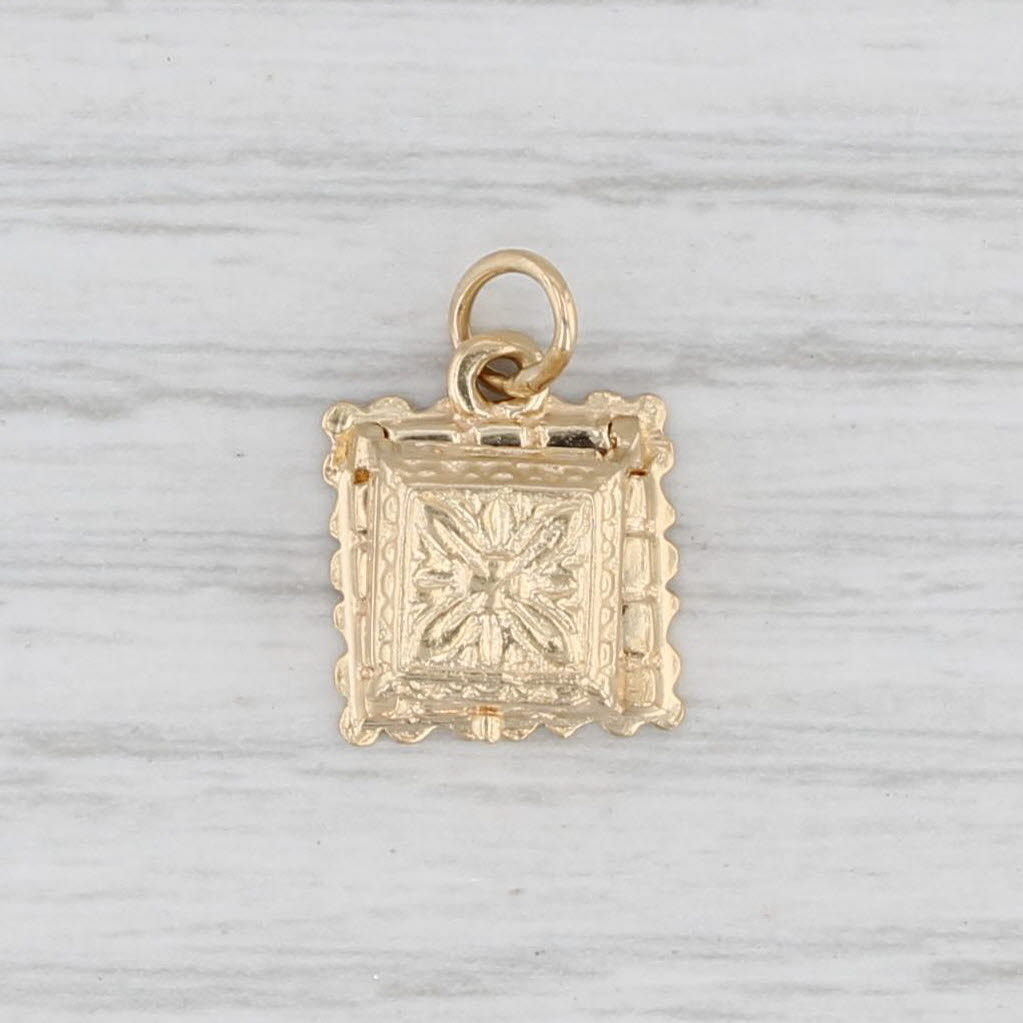 Light Gray Vintage Ring Box with Rhinestone Ring Charm 14k Yellow Gold Small Pendant Opens