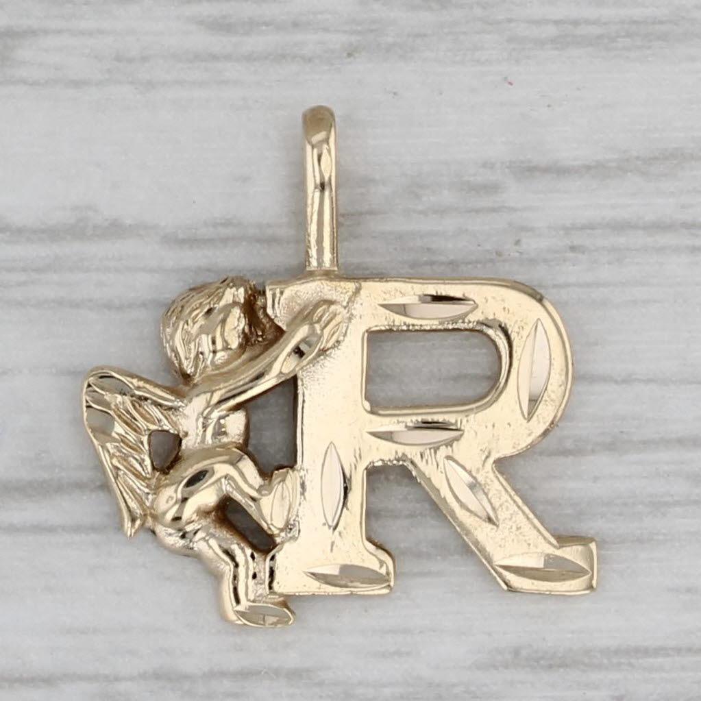 Gray Initial Letter "R" Guardian Angel Pendant 10k Yellow Gold Cherub Charm