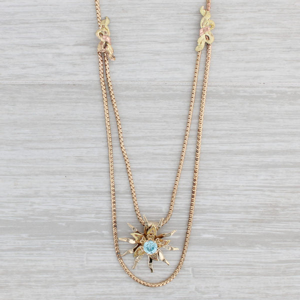 Vintage 0.80ct Blue Zircon Flower Pendant Necklace 10k Gold 20.5" Box Chain