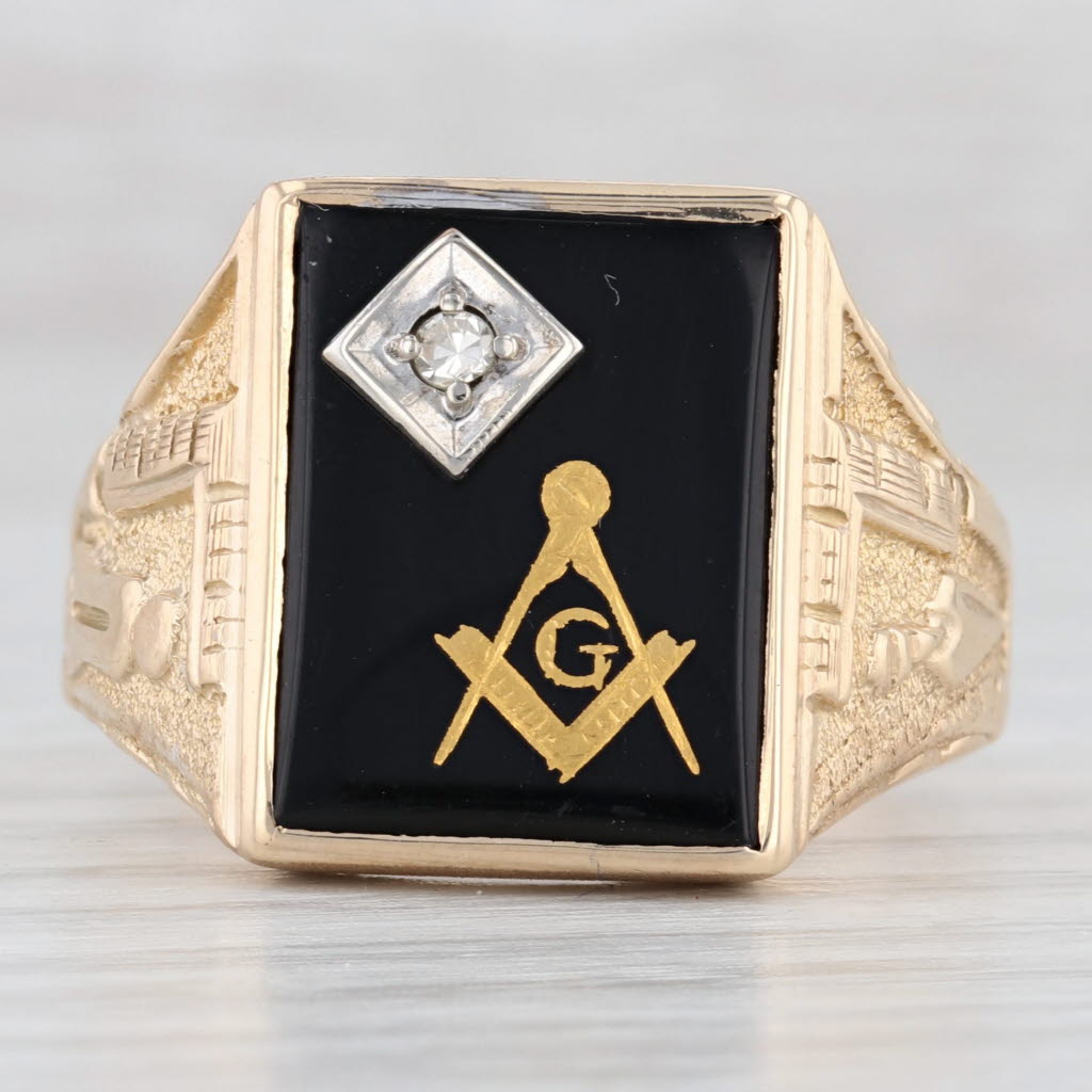 Light Gray Diamond Onyx Masonic Blue Lodge Signet Ring 10k Yellow Gold Size 11.75