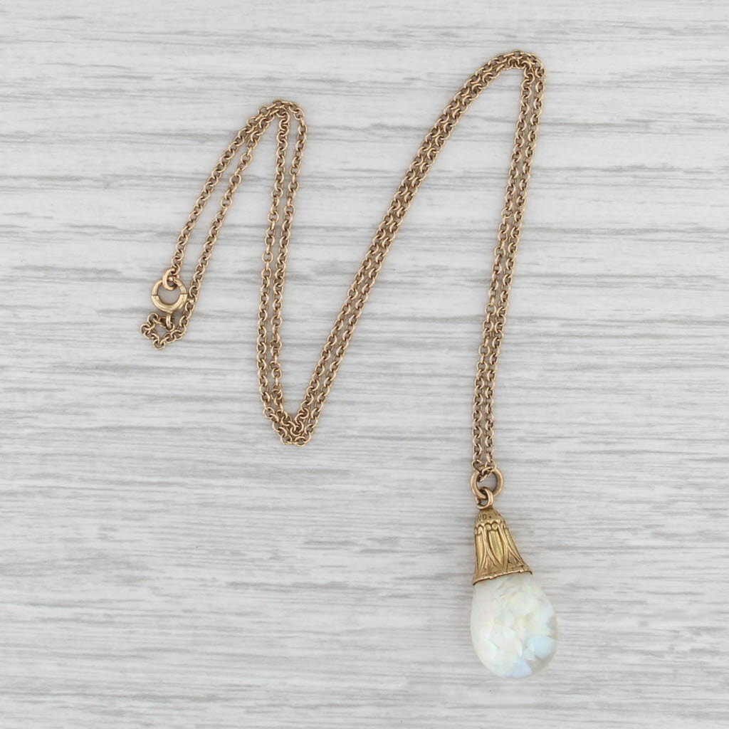 Vintage Floating Opals Drop Pendant Necklace 14k Yellow Gold 16" Cable Chain