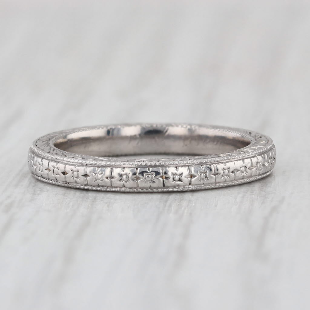Hand Engraved Floral Wheat Pattern Wedding Band Stackable Ring 14k Gold Size 5