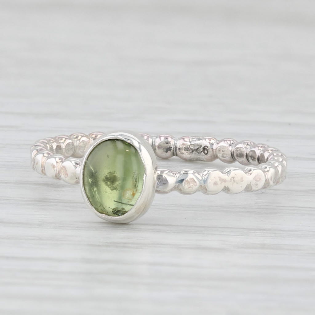 Light Gray Oval Cabochon Peridot Solitaire Ring Sterling Silver Size 8.5 Bead Pattern Band