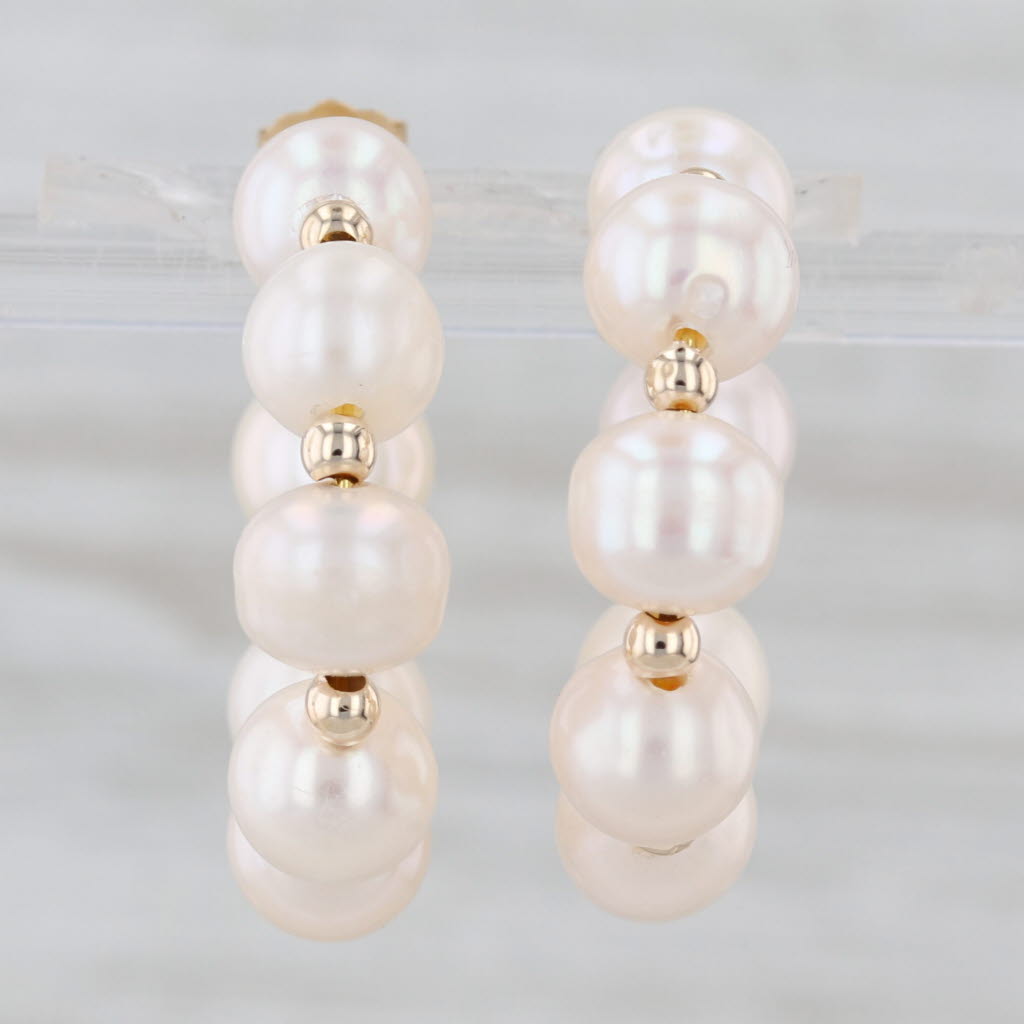 Cultured Pearl Hoop Earrings 14k Yellow Gold Round Bead Studs