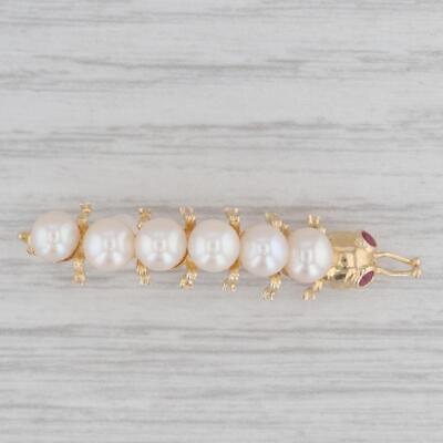 Gray Caterpillar Pin 14k Yellow Gold Cultured Pearl Ruby Insect Jewelry Brooch