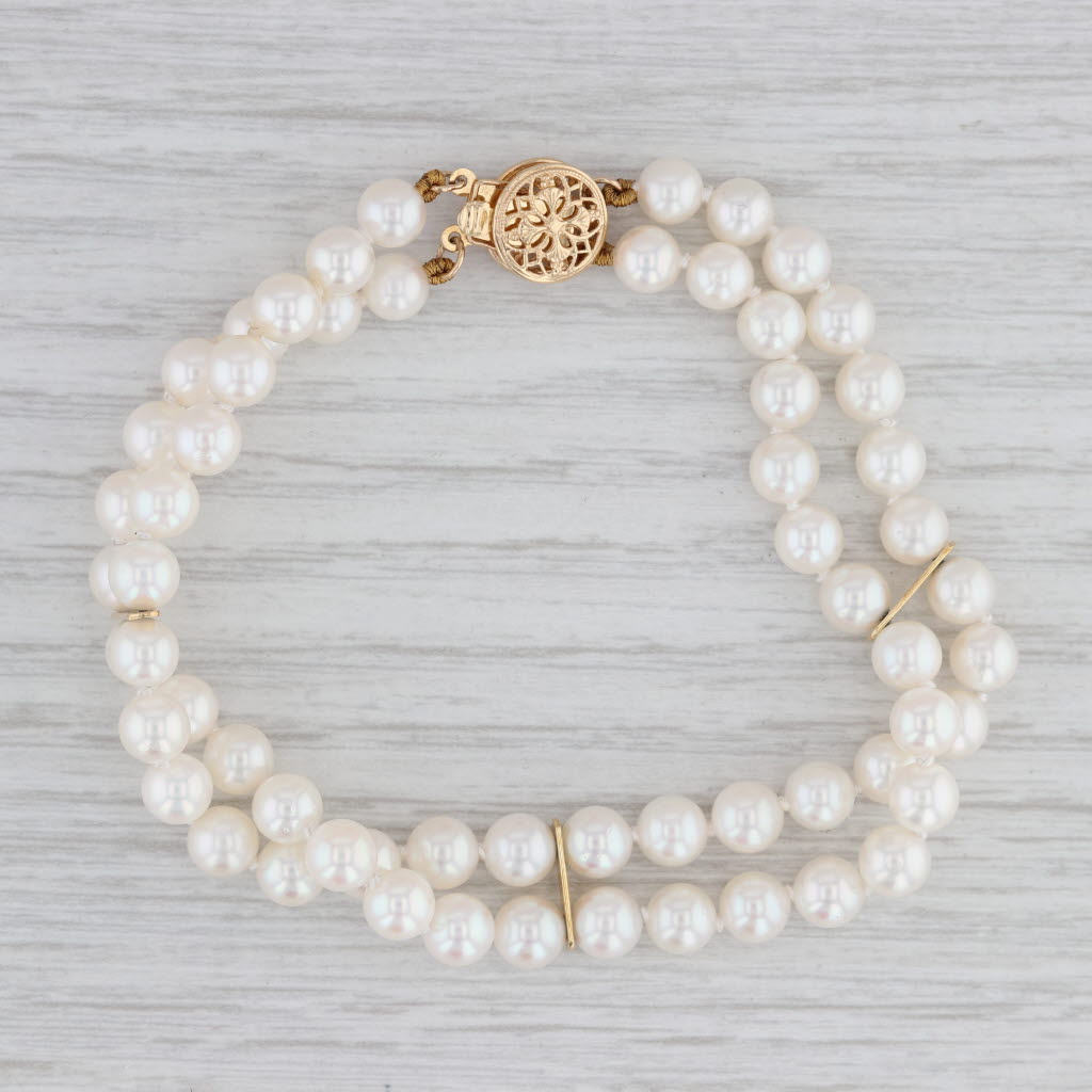 Light Gray New Akoya Pearl Bracelet 14k Yellow Gold Double Bead Strands 7"