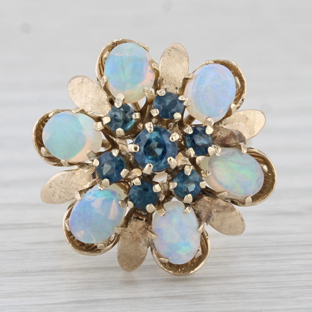 Gray Vintage Opal Blue Sapphire Cluster Ring 14k Yellow Gold Size 5.75 Cocktail