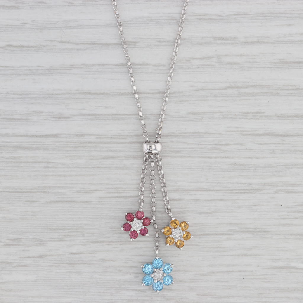 Light Gray 1.90ctw Gemstone Flower Lariat Necklace 14k Gold Diamond Garnet Topaz Citrine