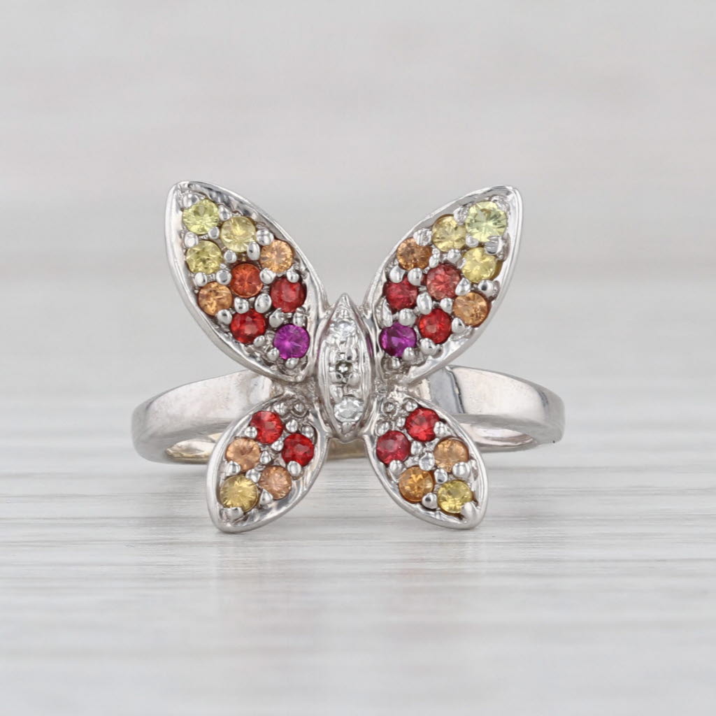 0.54ctw Sapphire Butterfly Ring 18k White Gold Size 4.25 Diamond Accents
