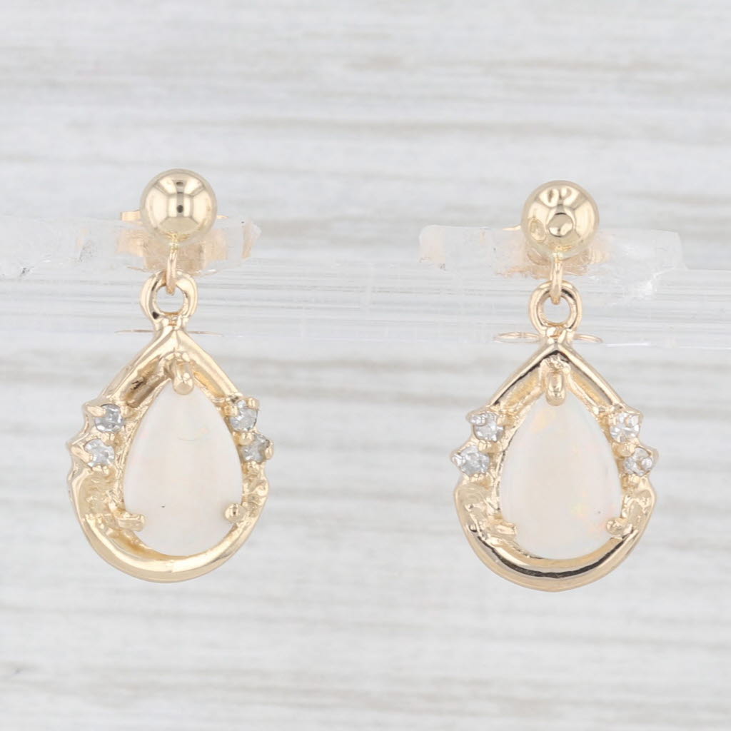 Light Gray Opal Diamond Teardrop Earrings 14k Yellow Gold Dangles