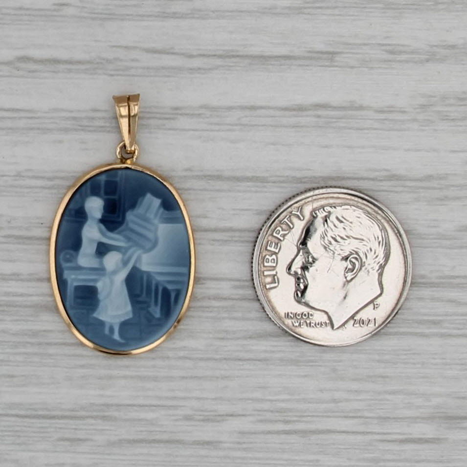 Black White Chalcedony Mother Child Playing Piano Carving Pendant 14k Gold