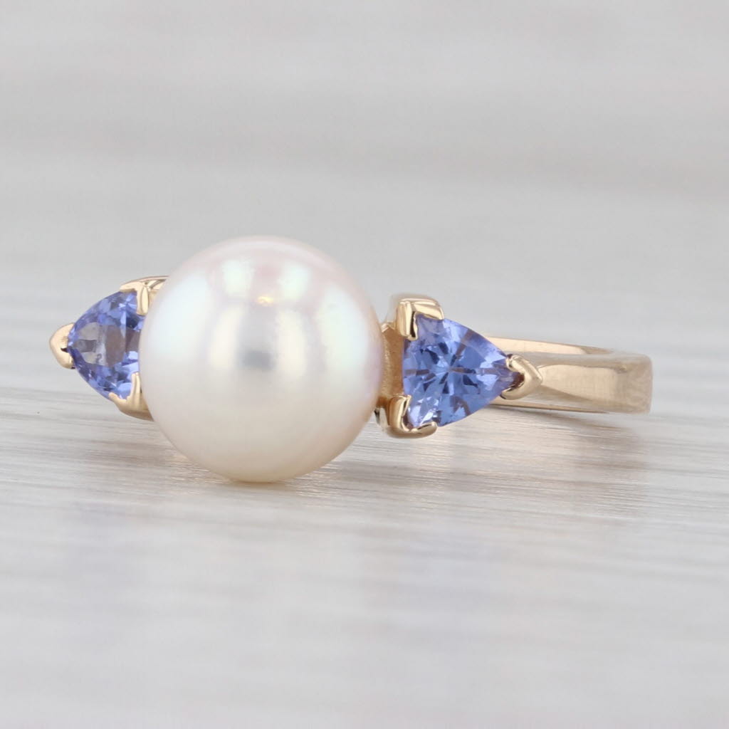Light Gray 0.44ctw Tanzanite Cultured Pearl Ring 14k Yellow Gold Size Euro Shank Size 6.75