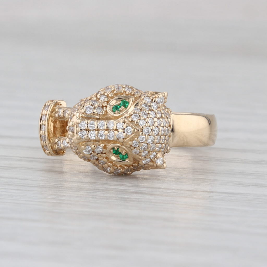 0.29ctw Diamond Panther Door Knocker Ring 10k Yellow Gold Emerald Eyes Size 7.25