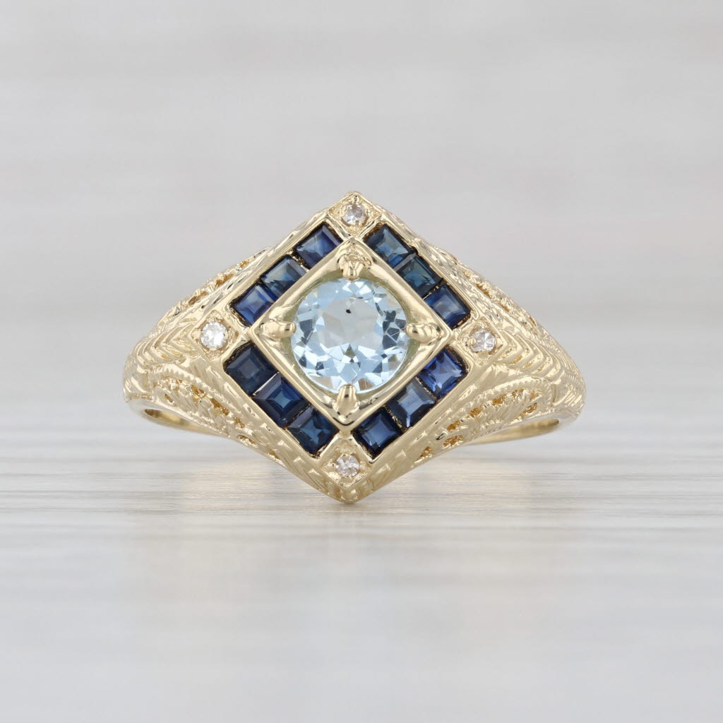 0.90ctw Aquamarine Sapphire Diamond Floral Filigree Ring 14k Yellow Gold Sz 8.25
