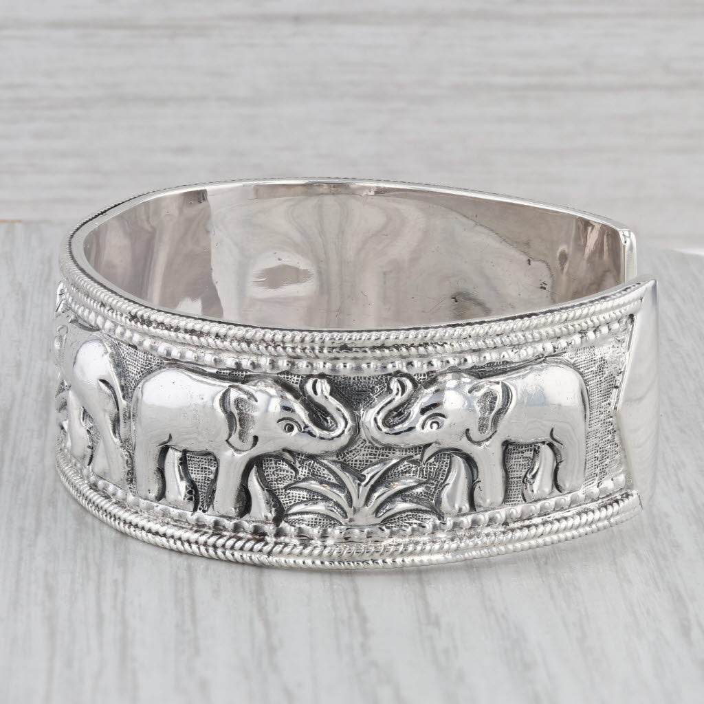 Gray Elephant Pattern Cuff Bracelet Sterling Silver Statement 7" 20.8mm