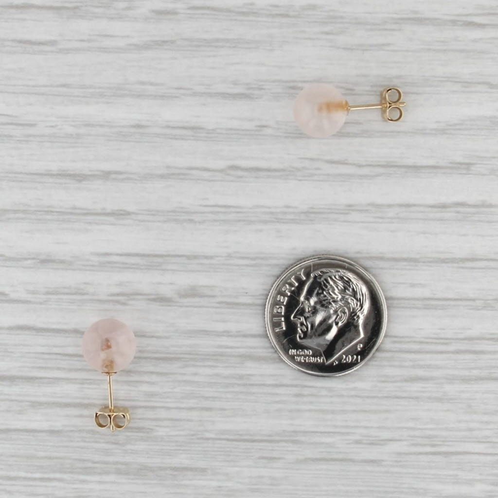 Rose Quartz Bead Stud Earrings 14k Yellow Gold 7.8mm Solitaire Studs