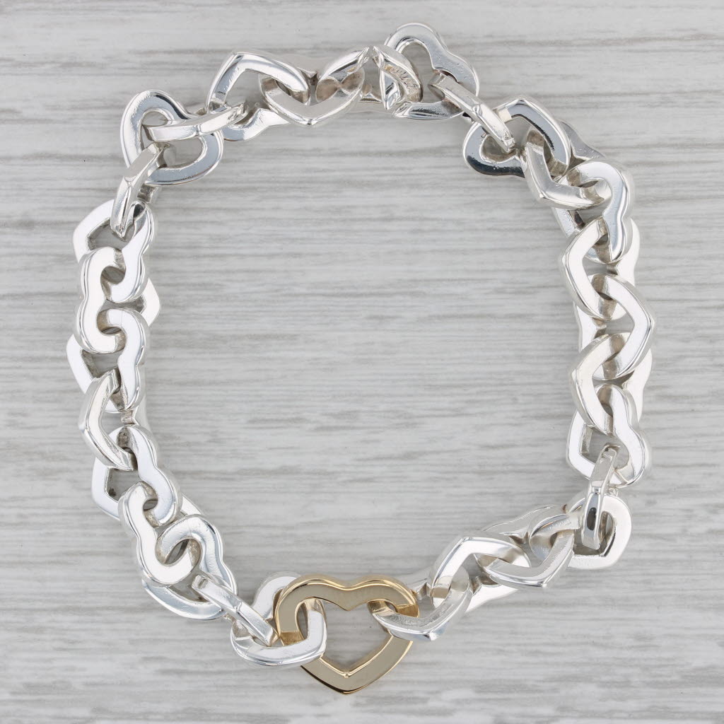 Gray Tiffany & Co Heart Cable Chain Bracelet Sterling Silver 18k Gold 7.75"