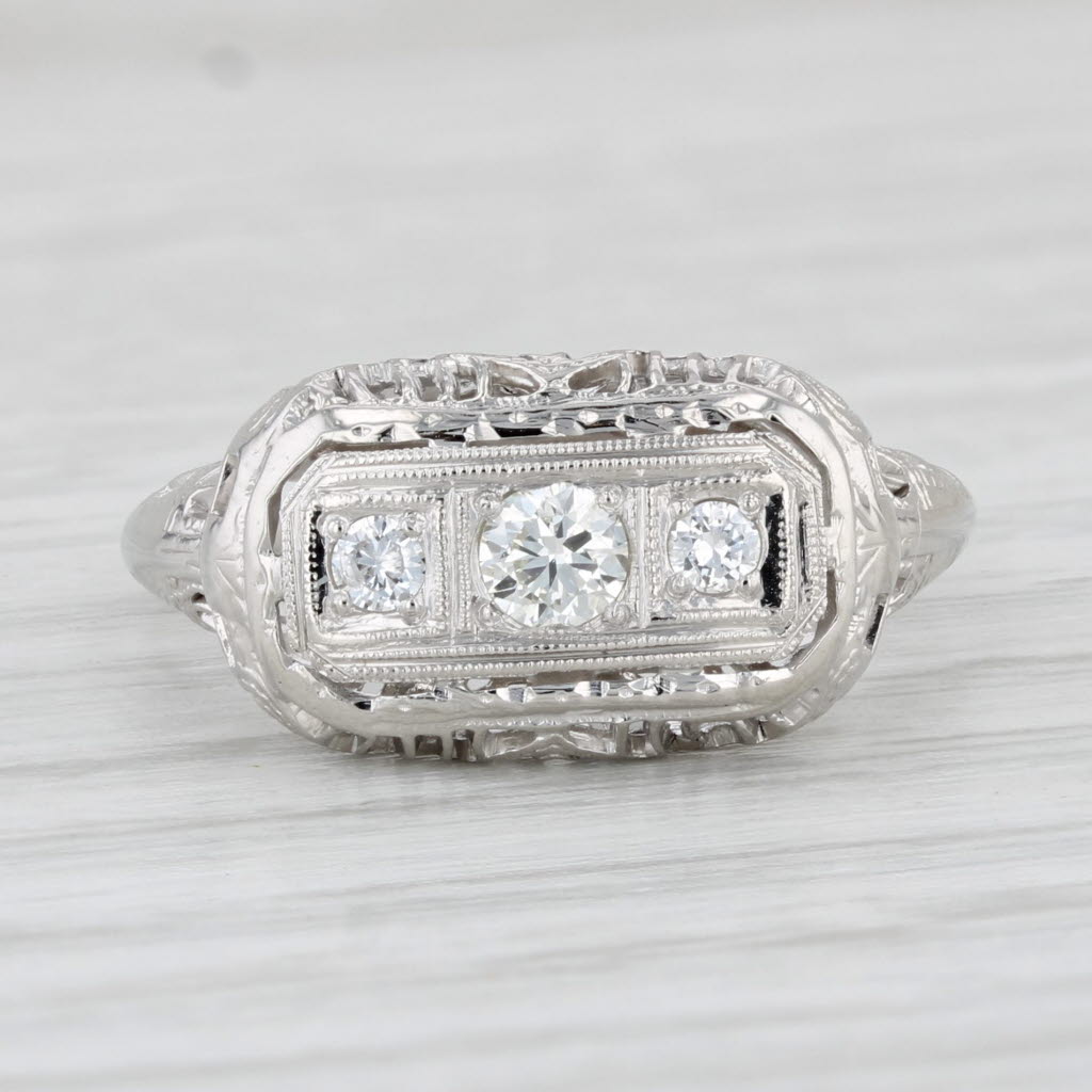 Light Gray Vintage Art Deco 0.20ctw Diamond Ring 18k White Gold Filigree Size 5.75