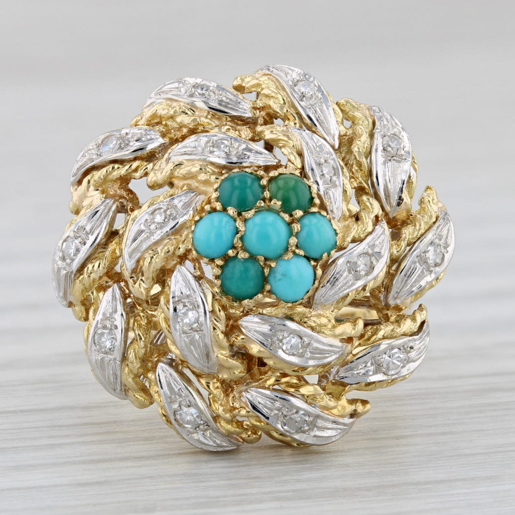 Gray Turquoise Diamond Cluster Cocktail Ring 18k Yellow Gold Size 6.75