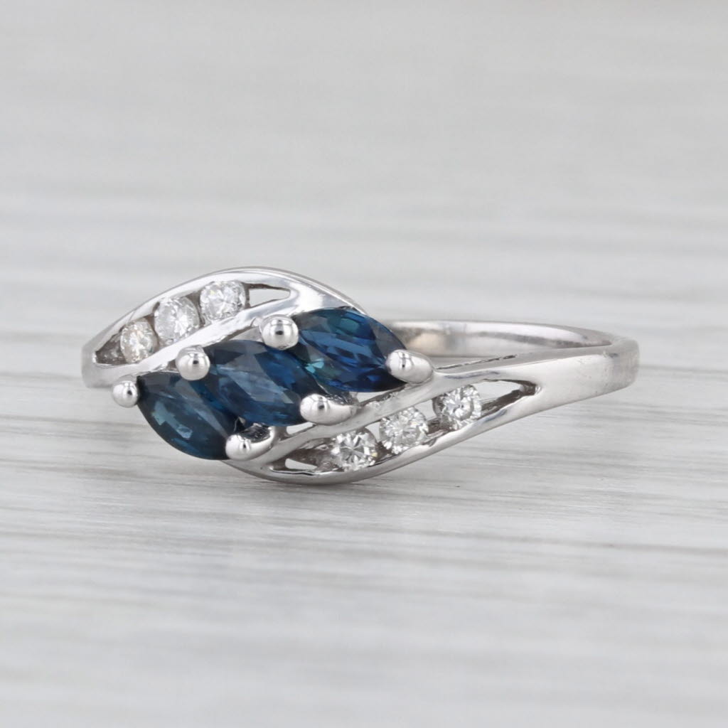 0.60ctw 3-Stone Blue Sapphires Diamonds Ring 14k White Gold Size 5.25