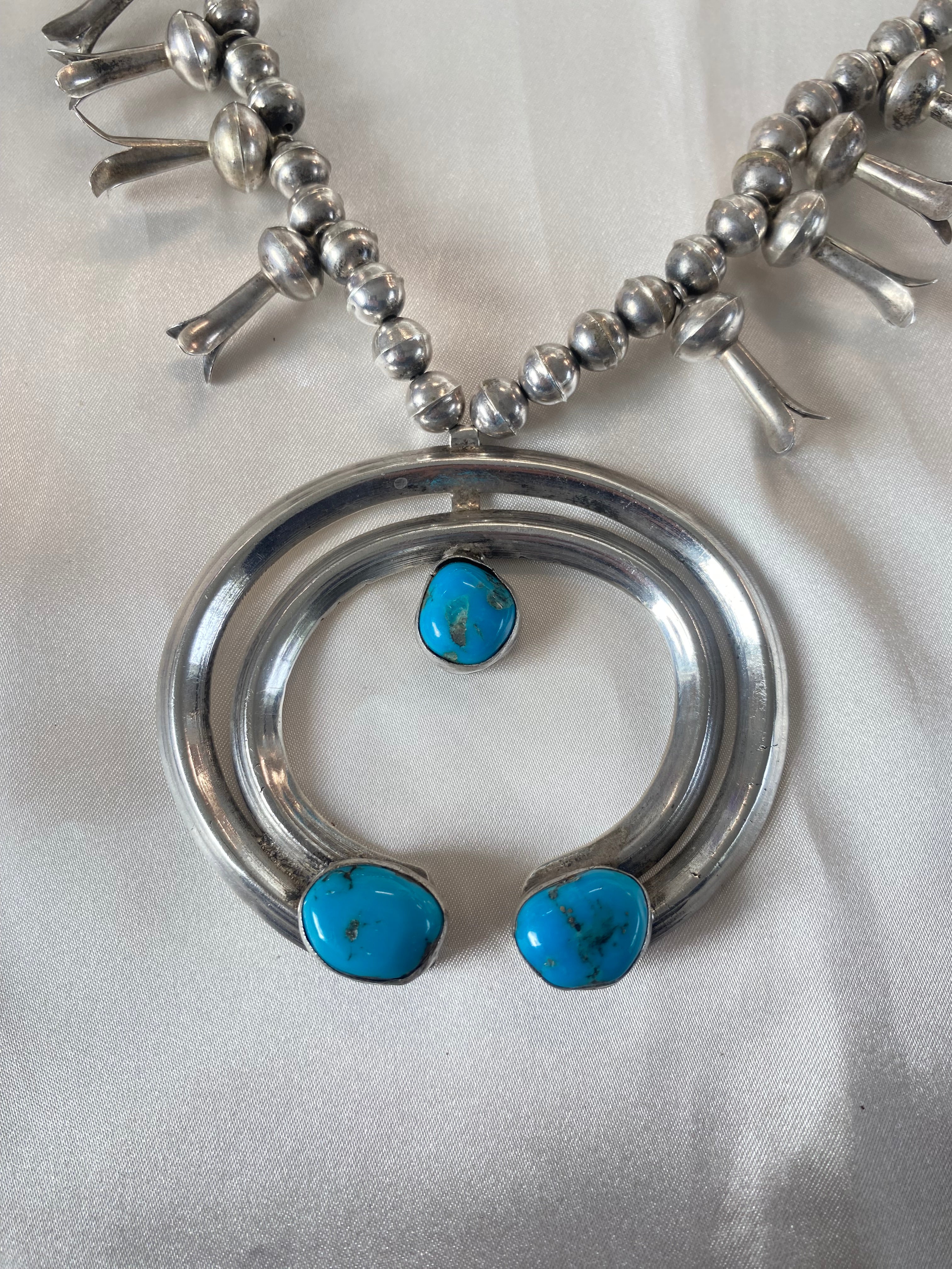 Vintage Native American Large Squash Blossom Necklace Turquoise Sterling Silver