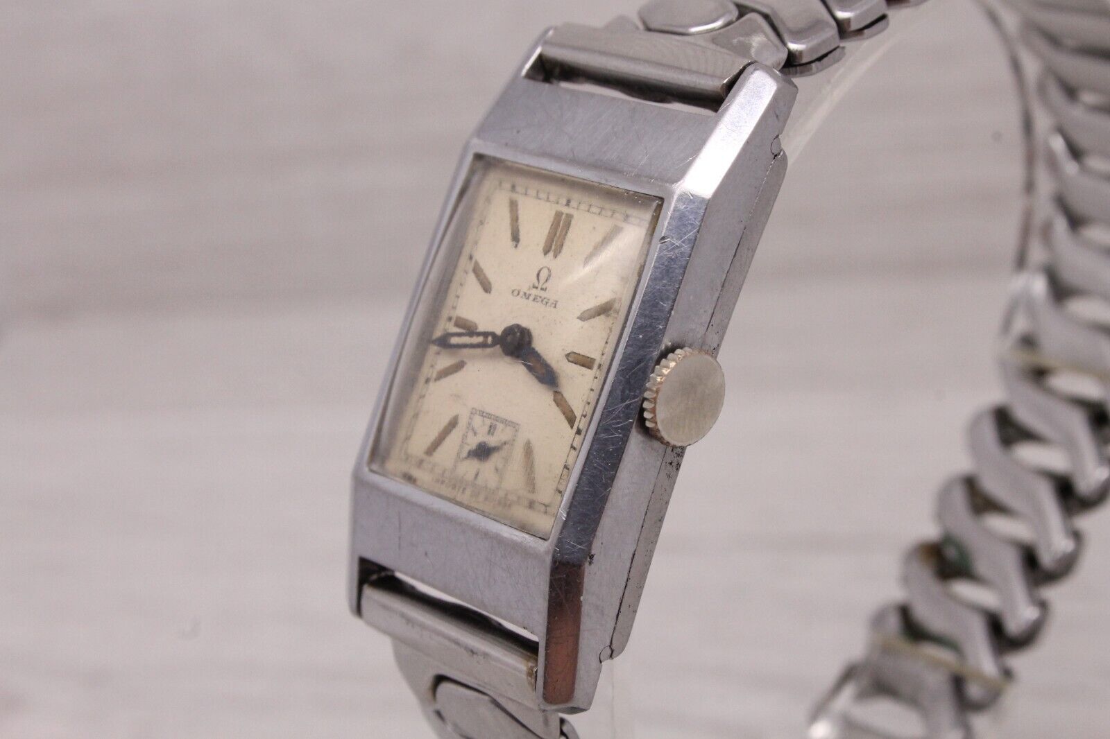 Dark Gray VINTAGE c.1930 Omega Steel Tank Watch cal.20F ORIGINAL Dial Fab Importe Suisse