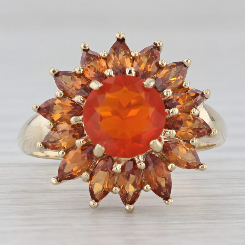 Gray 4.20ctw Mexican Fire Opal Orange Spessartite Garnet Halo Flower Ring 14k Gold