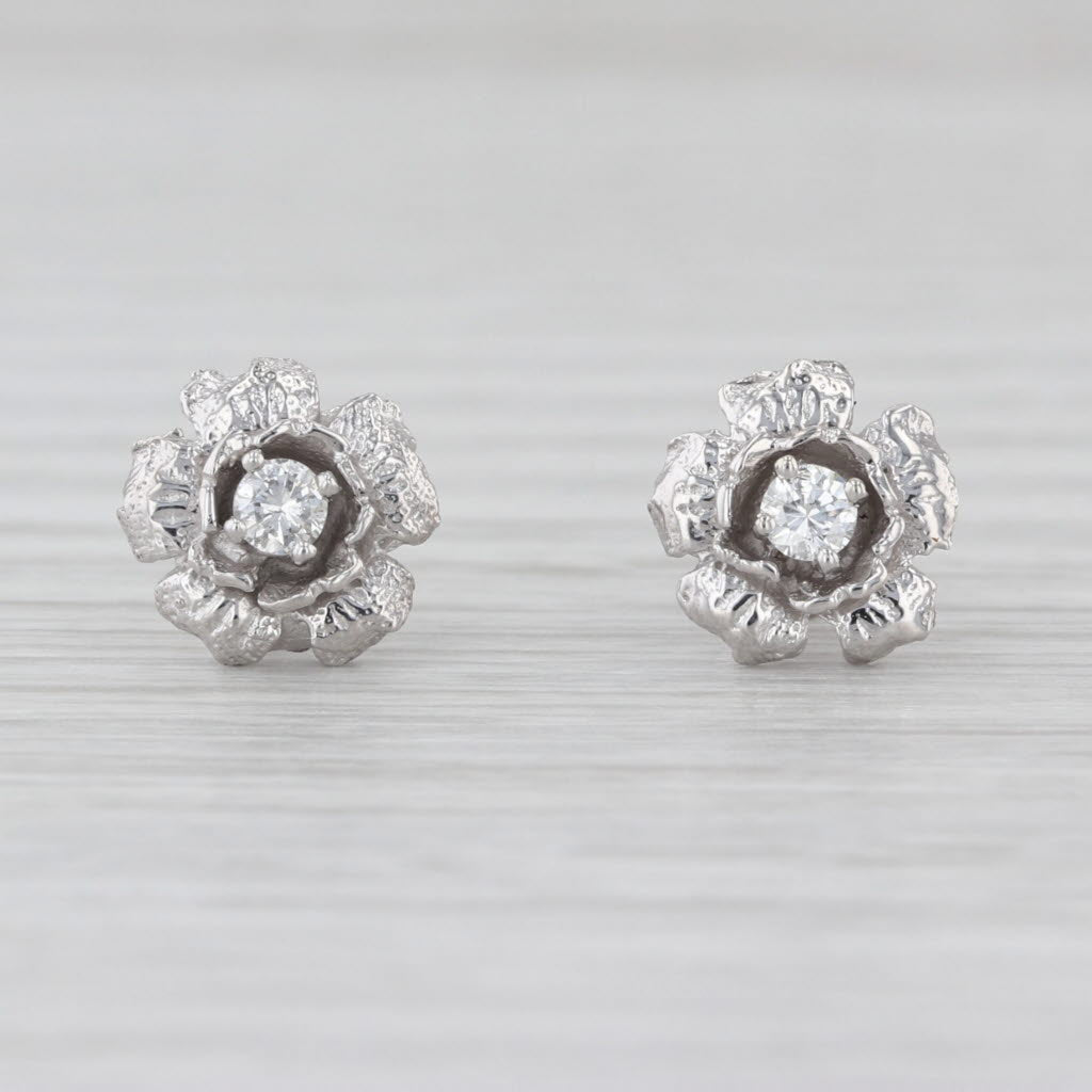 0.15ctw Diamond Flower Stud Earrings 14k White Gold Solitaire Floral Studs