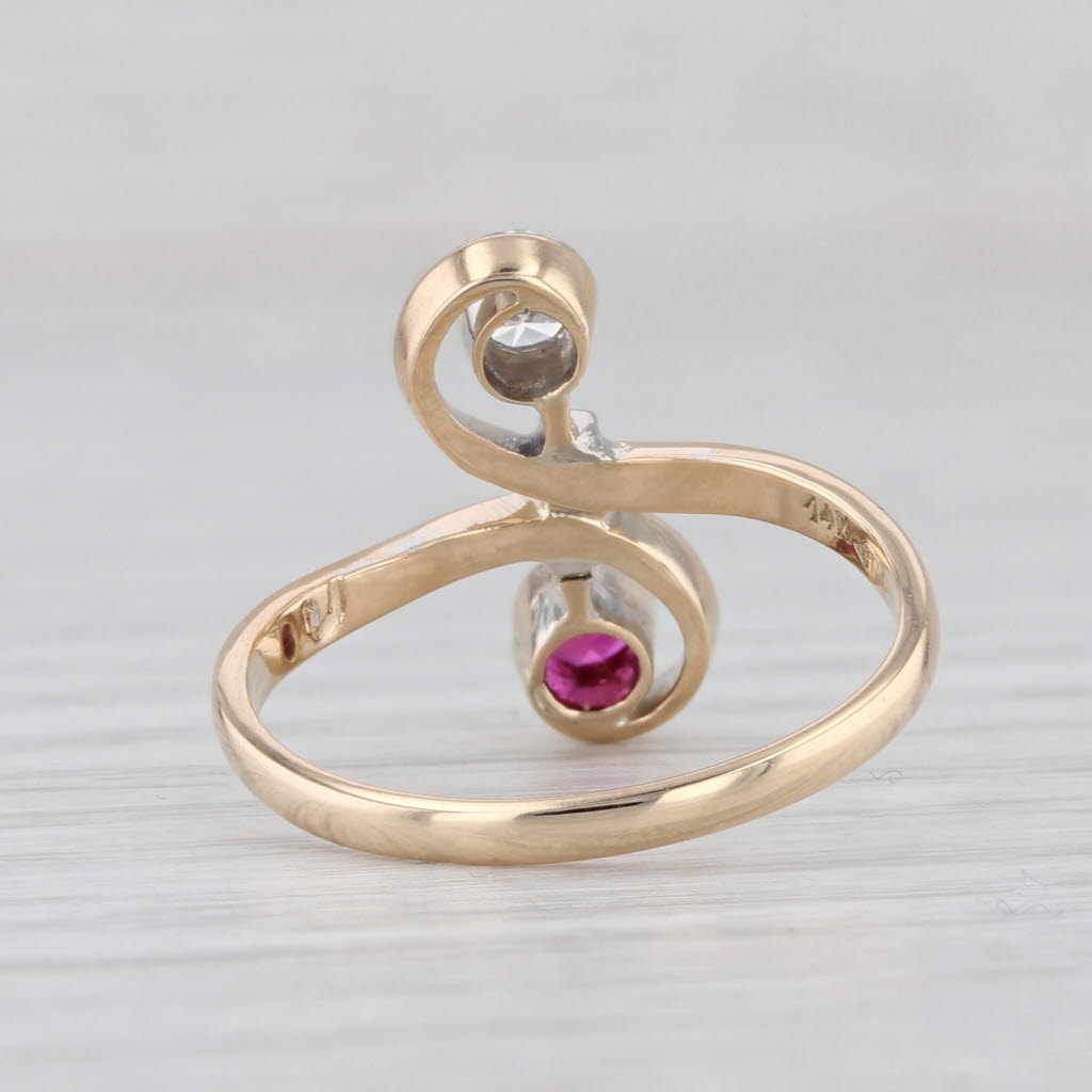Lab Created Ruby Diamond Bypass Ring 14k Yellow Gold Size 7.25